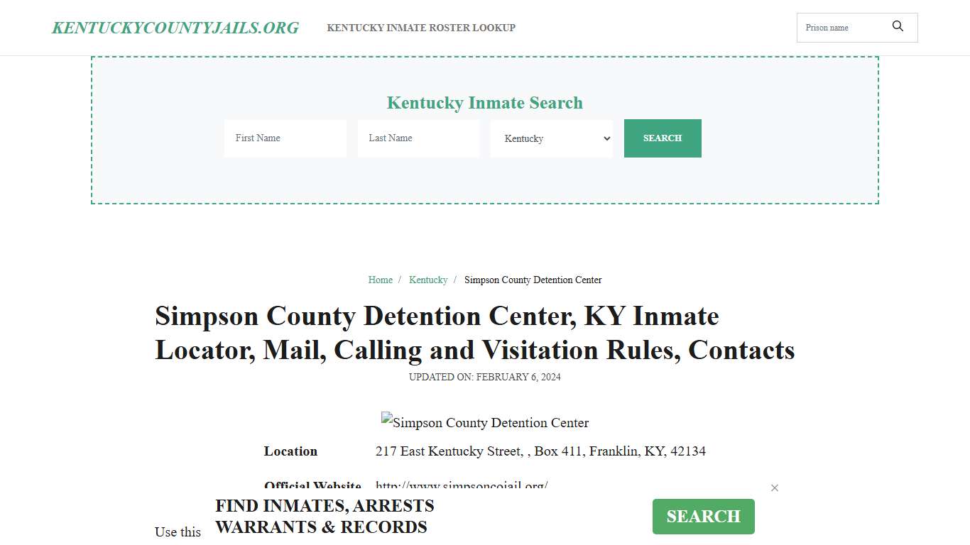 Simpson County Detention Center, KY: Inmate Search Options, Visitations, Contacts